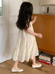 DAZY Young Girl Floral Embroidery Ruffle Hem Cute Halter Neck Dress - Beige - View 7