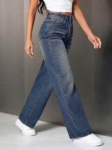 Glamine SHEIN Glamour 女士休闲水洗高腰直筒牛仔裤 - 藍色 - 查看 7