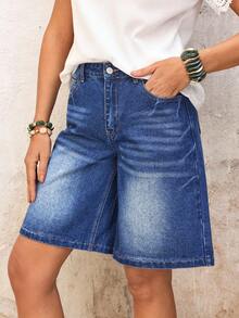 SHEIN LUNE Women's Vacation Casual Washed Wide Leg Denim Shorts - Blue - View 3