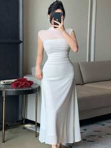 DAZY Women's Summer Sleeveless Mesh Patchwork Fitted Elegant Dress - Apricot - View 7