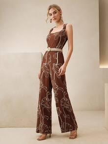 Anewsta New Elegant Fashion Vacation Date Night Outing Holiday 3D Embroidery Square Neck Sleeveless Belted Jumpsuit For Women, Spring/Summer - Rust Brown - View 1