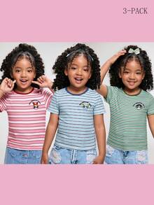 THE POWERPUFF GIRLS X SHEIN 女童圆领条纹字母卡通印花休闲百搭日常短袖T恤 - 彩色 - 查看 3