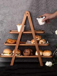 KEMORELA 1PC,Wooden 3 Tier Serving Tray Wood Cupcake Stand Rectangle Serving Platter Food Display Trays For Party, Birthday, Wedding,Kitchen, - Brown - View 3