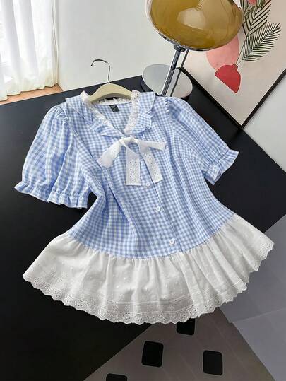 Franclia Plus Size Floral Trim Plaid Print Shirt