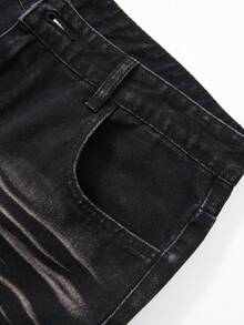 ROMWE MEN Men's Pocketed Pleated Patchwork Fluffy Casual Jeans - Black - View 3