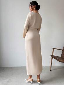 Firerie Yellow V-Neck Flare Sleeve Ruched Waist Office Lady Dress, Minimalist Elegant Daily Commute Dress, Spring/Summer New Arrival - Yellow - View 2