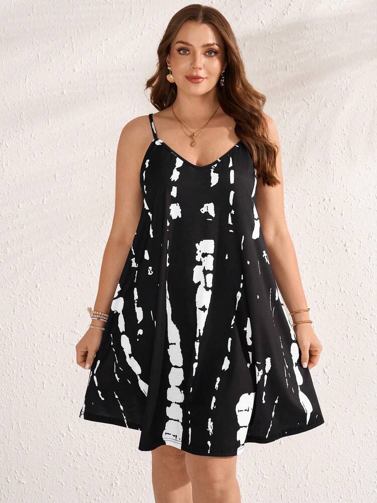 Plus Size Women's Summer Casual Vacation Country Sleeveless Black & White Tie-Dye Print Camisole Black Mini Dress, Spring/Summer,Summer/Vacation,Summer Holiday,Spring Break Outfits ,Vacation Outfits Women ,Holiday Outfits For Women,Going Out Outfits,2026 New Clothes,Simple And Fashionable For Everyday Wear,Suitable For Summer, Vacation, Daily Wear,Suitable For Summer, Vacation, Daily Wear,Dresses For Women,Flowy Dress ,Beach Outfits For Women,Casual Vacation Boho Dress,Summer Dresses, Country Women's Summer Dresses,Casual Dresses For Women,Nautical Dresses For Women,Country Concert Outfit