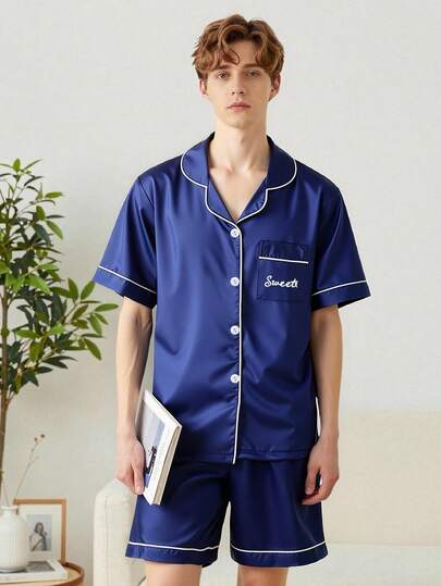 2pcs Teenage Boys' Casual Text Graphic Print Blue Poplin Short Sleeve Shorts Pajama Set