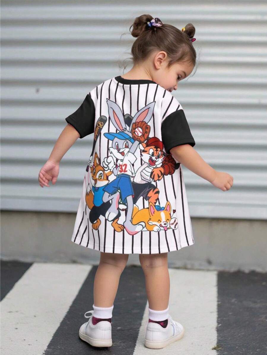 TaviRue Baby Girl Casual Comfy Cute Cartoon Animal Print & Striped Splice Sleeve Short Dress - Multicolor - View 1