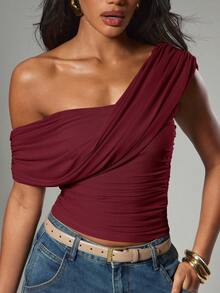 Hauture Women's Sexy Casual Solid Color Asymmetrical One Shoulder Ruched Top - Burgundy - View 5