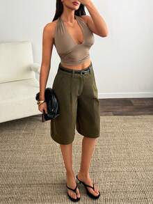 SHEIN Mid Waist Pleat Front Denim Short - Army Green - View 8