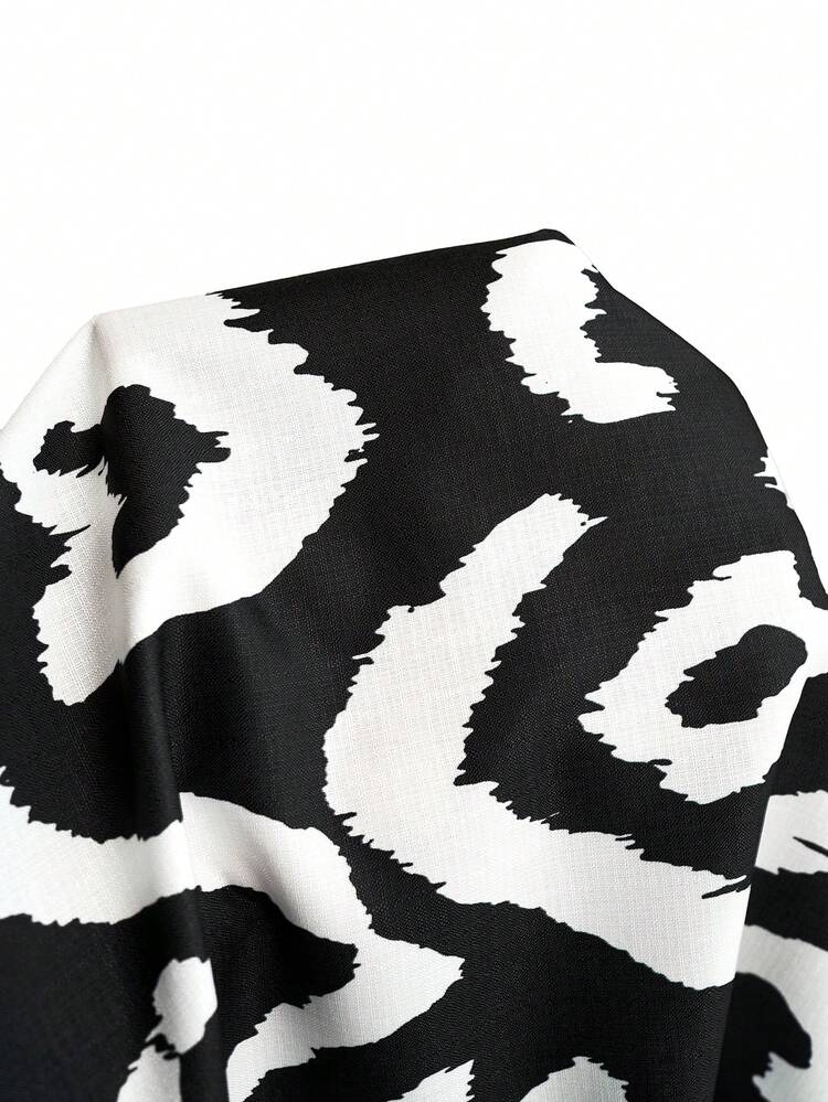 Plus Size Women Geometric Pattern V-Neck Loose Short Sleeve Casual Dress Women's Summer Dresses Women Vacation Outfit Black And White Patterned Dress Women Casual Dresses Summer Outfits For Women Beach Outfit For Women Casual Vacation Outfits Women Country Concert Outfit Peplum