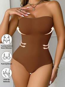 1pc Women's Seamless Shapewear Bodysuit, Slip-Resistant Bandeau Style, Waist & Abdomen Shaping - Coffee Brown - View 1