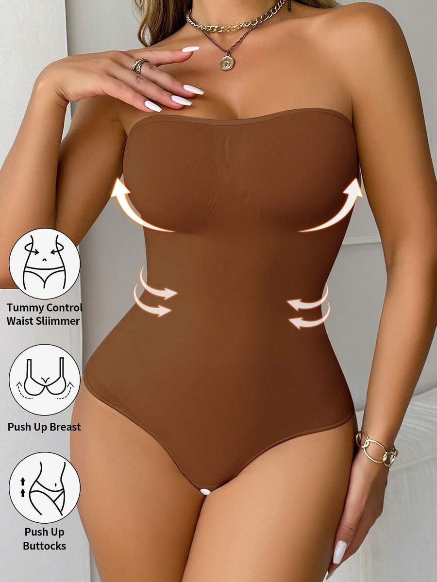 1pc Women's Seamless Shapewear Bodysuit, Slip-Resistant Bandeau Style, Waist & Abdomen Shaping - Coffee Brown - View 1
