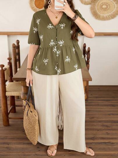 Lacomfia Plus Size Women's Short Sleeve Embroidered V-Neck Contrast Color Casual Cardigan, 2-Piece Set With Embroidered Fabric Shirt