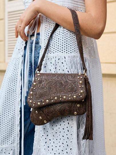 Viva Strut 女士单肩包，流浪包，人造革，流苏，时尚，个性化，简约，百搭，街头风，甜美酷女孩，性感女孩，Y2K，复古，铆钉，经典，西部风，波西米亚风，日常，音乐节（流苏吊坠可拆卸。）