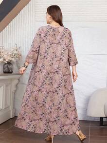 Lacomfia 休闲印花V领荷叶边七分袖宽松常规春秋季加大码连衣裙 - 彩色 - 查看 2