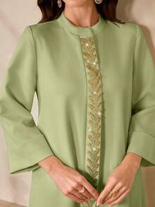 Al Najma Women's Stand Collar Leaf Embroidery Pattern Casual Party Travel Arabic Style Dress - Green - View 7