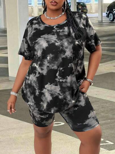 SHEIN CURVE+ 返校季休闲简约深灰色扎染图案两件套，适合夏季户外穿着，大码尺码