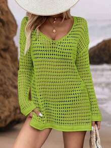 Swim Vcay Vestido de playa de punto holgado con diseño calado para mujer, ideal para vacaciones y tiempo libre en verano - Verde Lima - Ver 4