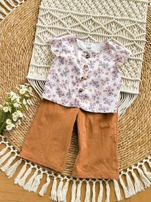 SHEIN Baby Girl Vacation Casual Ditsy Floral Tank Top And Pants Set - Brown - View 5