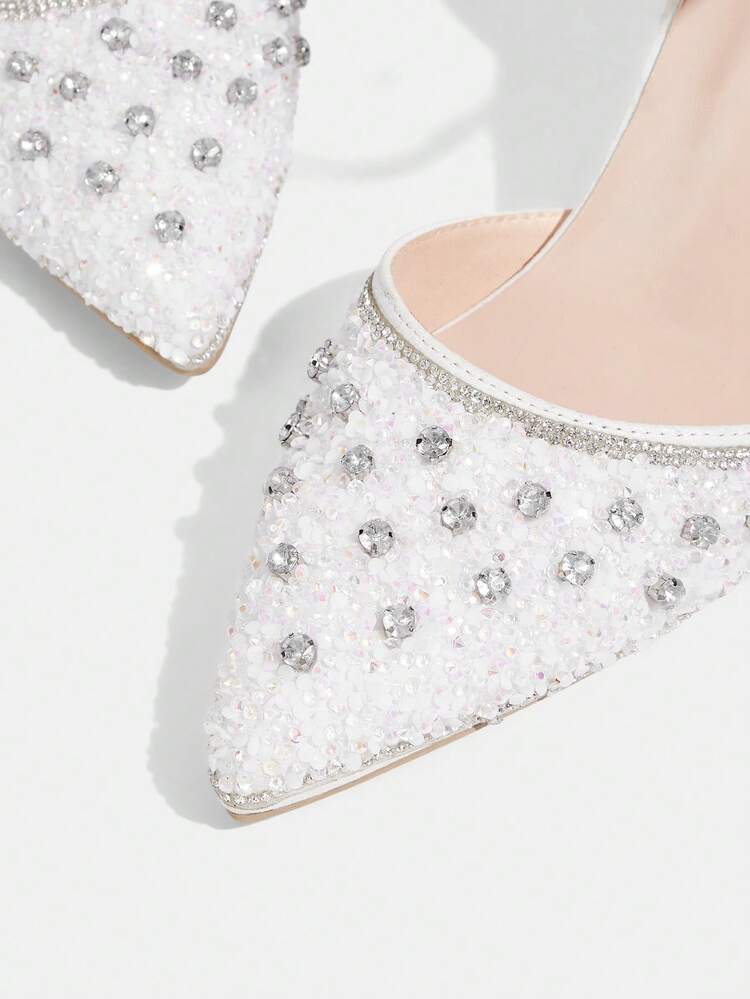 CUCCOO TILAWA Women Shoes Pointed Thin Heel White Rhinestone Ankle Strap Sexy Fashion Gorgeous Banquet Party Nightclub Ladies High Heel Shoes Hollow Shoes