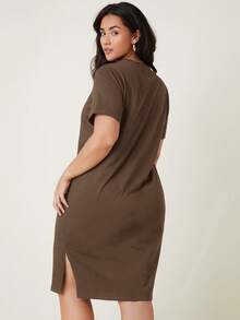 Plus Solid Split Hem Tee Dress - Brown - View 2