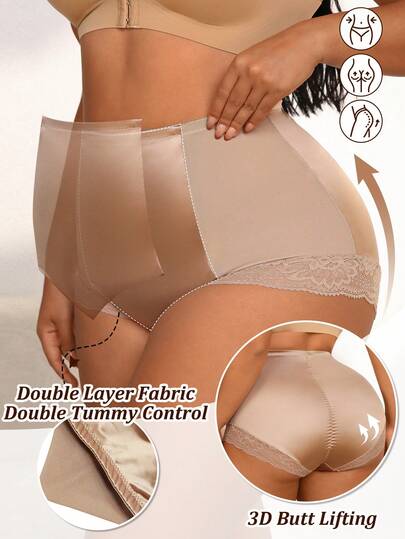 NudeFit Women's Plus Size Solid Color Minimalist Mesh Sexy Lace Patchwork High Waist Shapewear Shaping Pantys