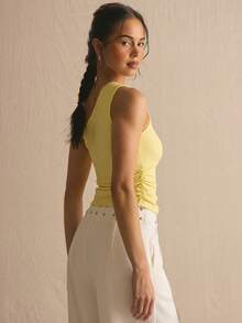 MUSERA Lace Trim Hardware Detail Ruched One Strap Fitted Top Spring Summer Cosy Cute Daily Girly Vacation Sunlight Social - Pale Yellow - View 4