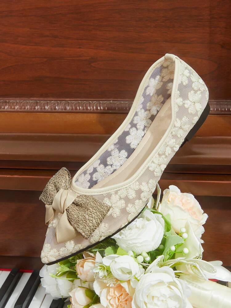 CUCCOO HITCHD Pointed Toe Mesh Breathable Comfortable Bow Lace Ballet Elegant Fairy Versatile Flat Beige Shoes Wedding Shoes Spring Shoes Bride Shoes