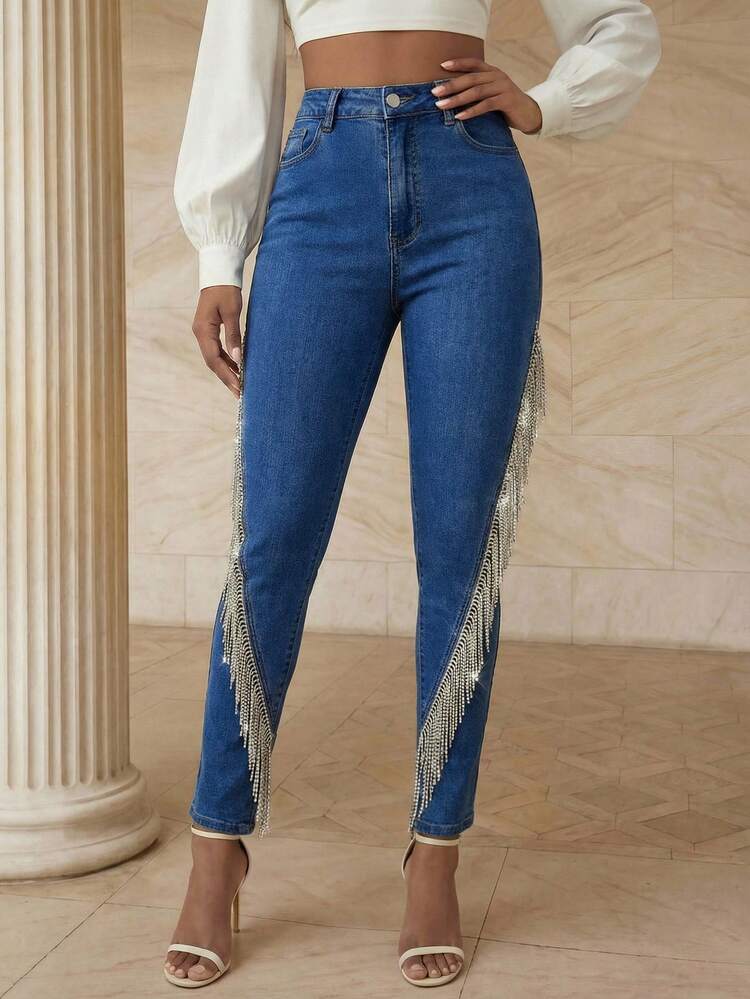 Women's Fashionable Glamorous Sexy Rhinestone Diamond Chain Romantic Party Blue Elastic Skinny Jeans Bling Jeans Jeans With Fringe