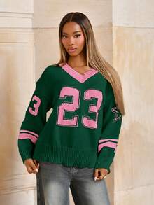 Mima John 情人节 V 领黑白心形印花套头衫，秋冬女士简约时尚休闲日常穿着 - 綠色 - 查看 1