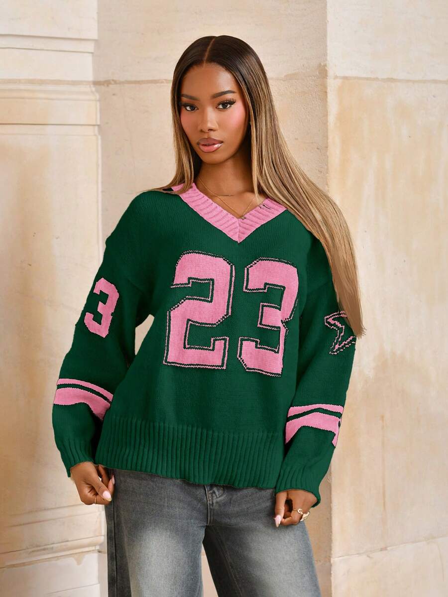 Mima John 情人节 V 领黑白心形印花套头衫，秋冬女士简约时尚休闲日常穿着 - 綠色 - 查看 1