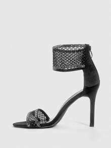 CUCCOO SZL Women's High Heel Shoes, Black Color, Crystal Embellished Mesh Hollow-Out Design, Zipper Back Closure, Fashionable & Sexy Sandals For Summer Spring Shoes - Black - View 4