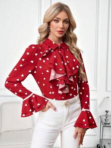 SHEIN Clasi Áo kiểu nữ tay bồng in hình trái tim, thích hợp cho ngày Valentine, màu đỏ mùa hè. - Nhiều màu - Xem 7