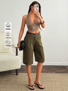 SHEIN Mid Waist Pleat Front Denim Short - Army Green - View 6