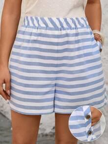 EMERY ROSE Plus Size Women's Blue And White Striped Shorts,Summer Boho Vacation Holiday Beach Casual Shorts With Pockets,Daily Wear Versatile Spring Short - Multicolor - View 8