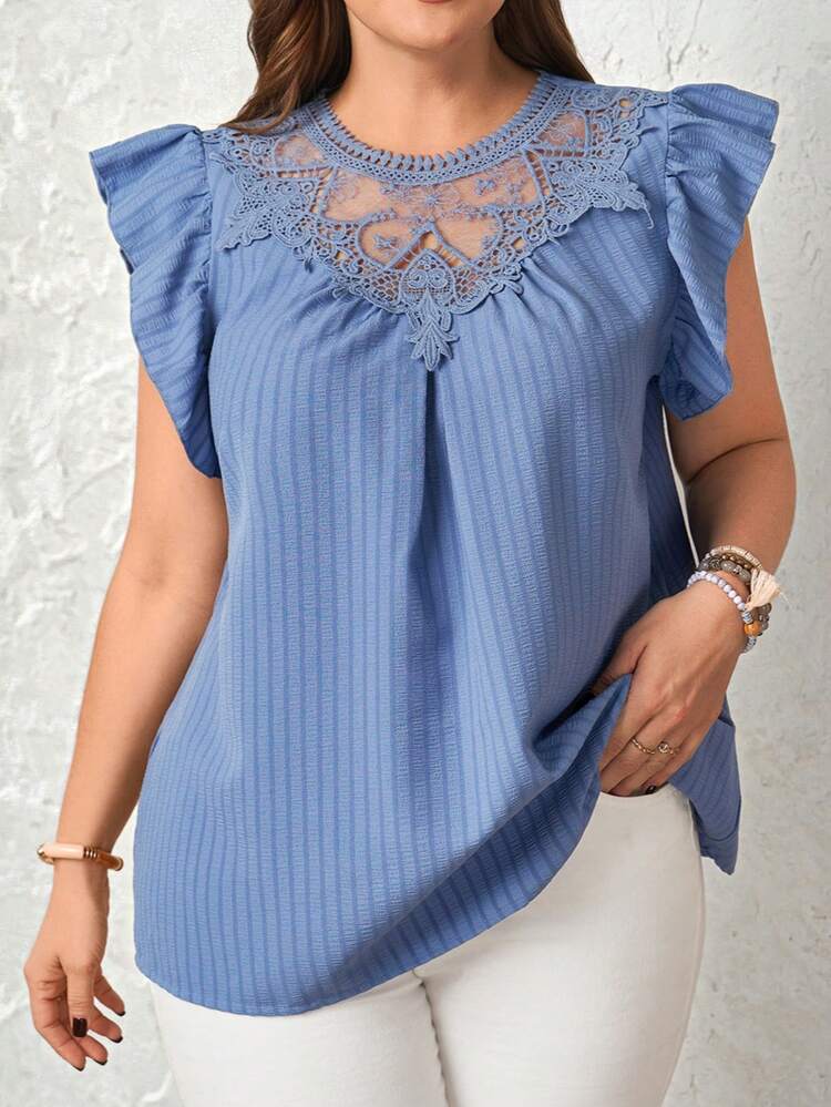 Plus Size Women Contrast Lace Striped Round Neck Cap Sleeve Top Women's Tops And Blouses Summer Tops For Women Elegant Boutique Tops For Women Latest Tops For Women New Arrivals Women's Tops For Summer Summer Outfits For Women Beach Outfit For Women Casual Vacation Outfits Women Country Concert Outfit Peplum
