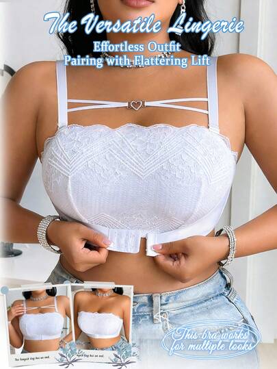 Plus Size White Lace Front Closure Wireless Bra, Sexy Supportive Thin Cup Bra