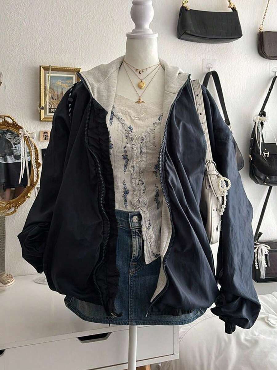 Lalippa 女士休闲宽松拉链连帽长袖夹克，秋季 - 藏蓝色 - 查看 1