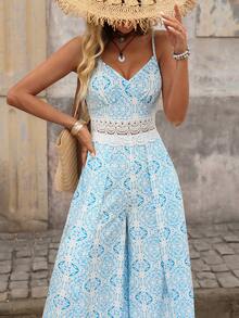 Brillora Women's White And Blue Floral Print Contrast Lace Wide Leg Jumpsuit,Summer Boho Vacation Holiday Beach Outfit,Casual Spring Style Jumpsuit - Blue and White - View 14