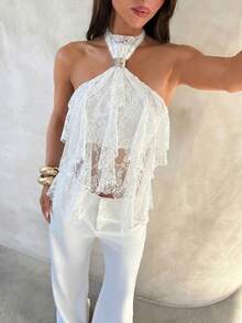 Aloruh Tank Top Wanita Elegan dengan Kerah Tegak dan Trim Ruffle Berlapis-lapis, Cocok untuk Festival Musik dan Liburan, Musim Semi/Panas, Atasan Musim Panas - Hitam - View 9