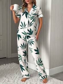 SHEIN All Over Leaf Print Contrast Binding Short Sleeve Button Front Pajama Set With Drawstring Waist Pants Women's Summer Loungewear - Green - View 3