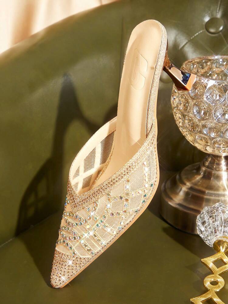 CUCCOO TILAWA Women Shoes Women's Fashion Pointed Champagne Rhinestone Mesh Splicing Fashion Party Dinner Gorgeous Sexy Kitten Heel Women's High Heel Shoes Mule Shoes Empty Shoes