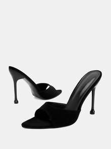 Glitzique Sandalias de tacón alto con puntera puntiaguda y decoración de pirámide negra para mujer, sandalias de tacón alto glamorosas para fiestas - Negro - Ver 7