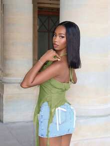 夏季浪漫绿色滚边缎带和3D花朵吊带上衣 夏季女式上衣 演唱会女士性感上衣 - 綠色 - 查看 5