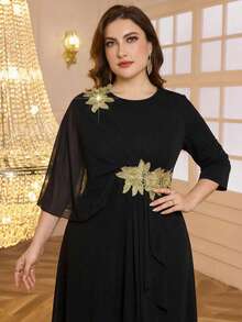 Reflora Đầm dự tiệc cocktail tay lửng 3/4 thanh lịch dành cho nữ cỡ lớn, đính ren, có phần eo thắt gọn. - màu đen - Xem 13