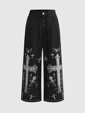 Grunge Punk Jeans droits extra longs, femmes, style punk, délavé, croisé, ample