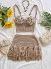 Soleia Nuovo set da 2 pezzi con bustier a forma di conchiglia e gonna a balze, vita bassa, stile bohémien, boho, adatto per vacanze e autunno, abbigliamento vintage per donna - Cachi - Visualizzare 3