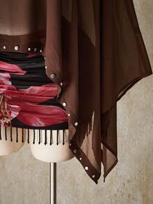 SHEIN ICON 大码女式棕色网纱船领蝙蝠袖上衣 - 棕色 - 查看 5